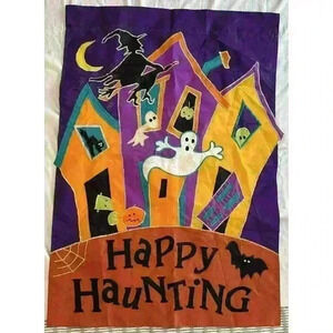 Halloween Garden Flag Happy Haunting Cat Witch Pumpkin Monster Rod Pocket